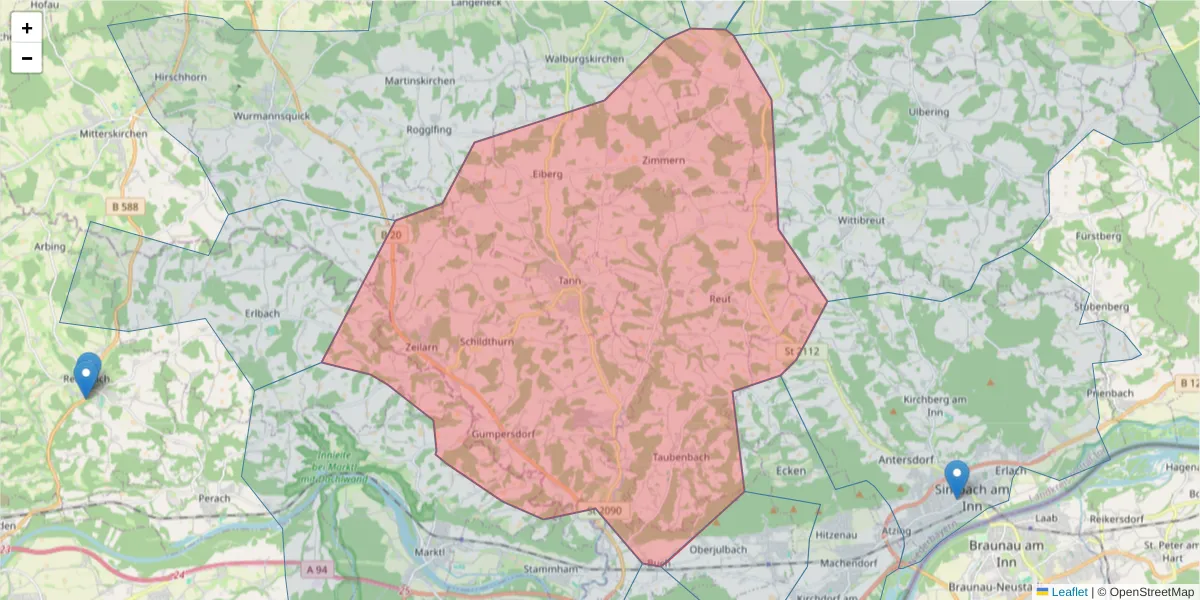 Karte des Postleitzahlen Bereichs  und der umliegenden Postleitzahlen in Deutschland