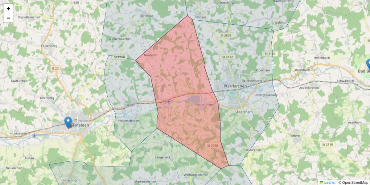 Karte des Postleitzahlen Bereichs  und der umliegenden Postleitzahlen in Deutschland
