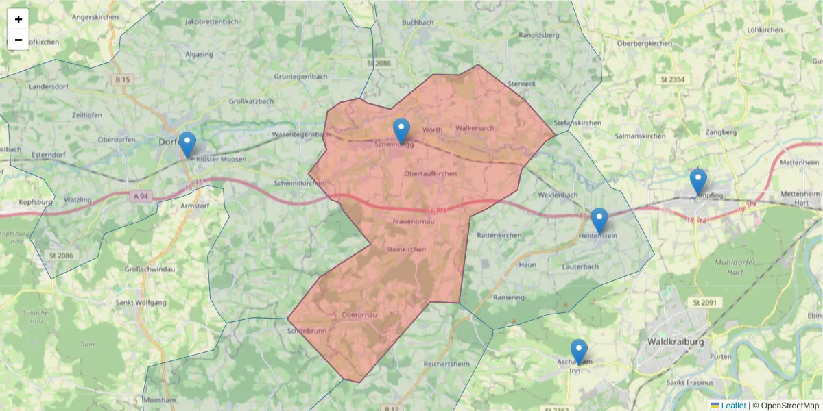 Karte des Postleitzahlen Bereichs  und der umliegenden Postleitzahlen in Deutschland
