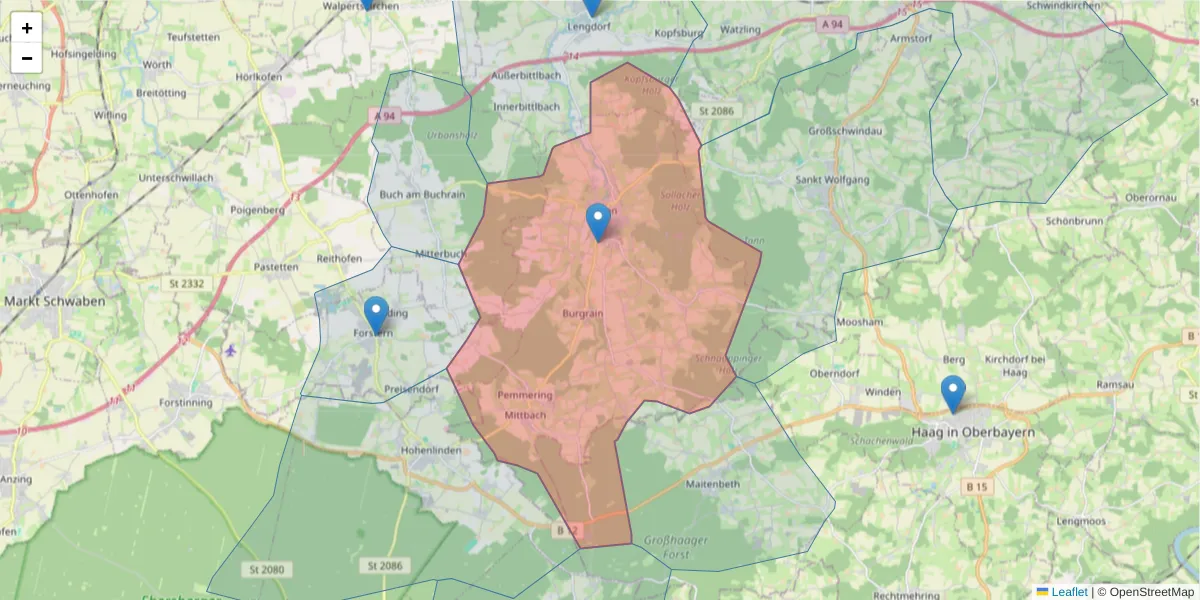 Karte des Postleitzahlen Bereichs  und der umliegenden Postleitzahlen in Deutschland