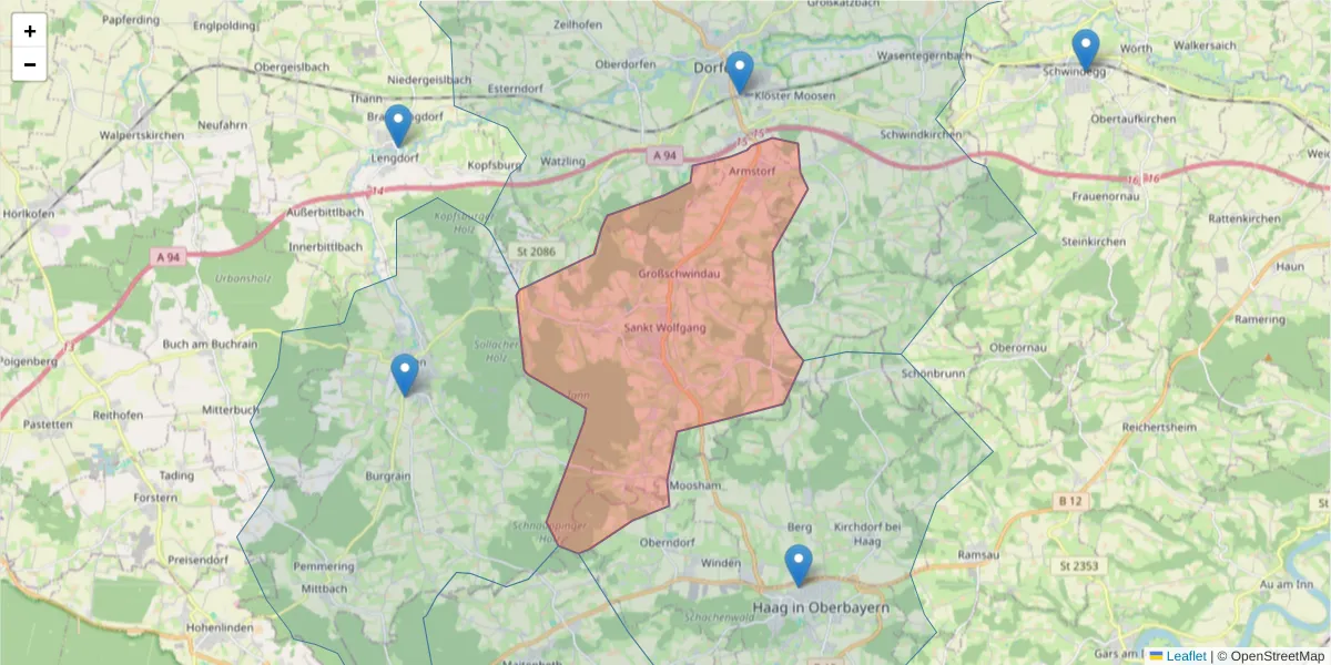 Karte des Postleitzahlen Bereichs  und der umliegenden Postleitzahlen in Deutschland