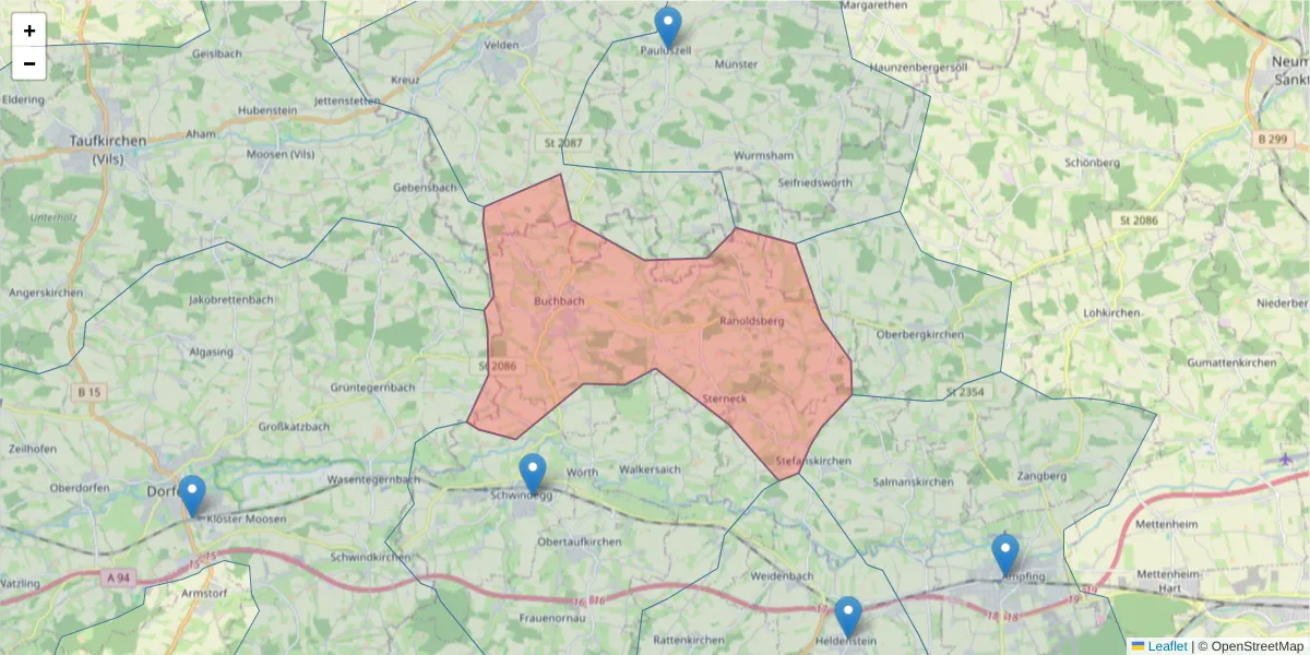 Karte des Postleitzahlen Bereichs  und der umliegenden Postleitzahlen in Deutschland