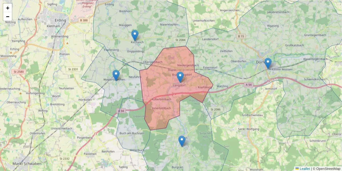 Karte des Postleitzahlen Bereichs  und der umliegenden Postleitzahlen in Deutschland