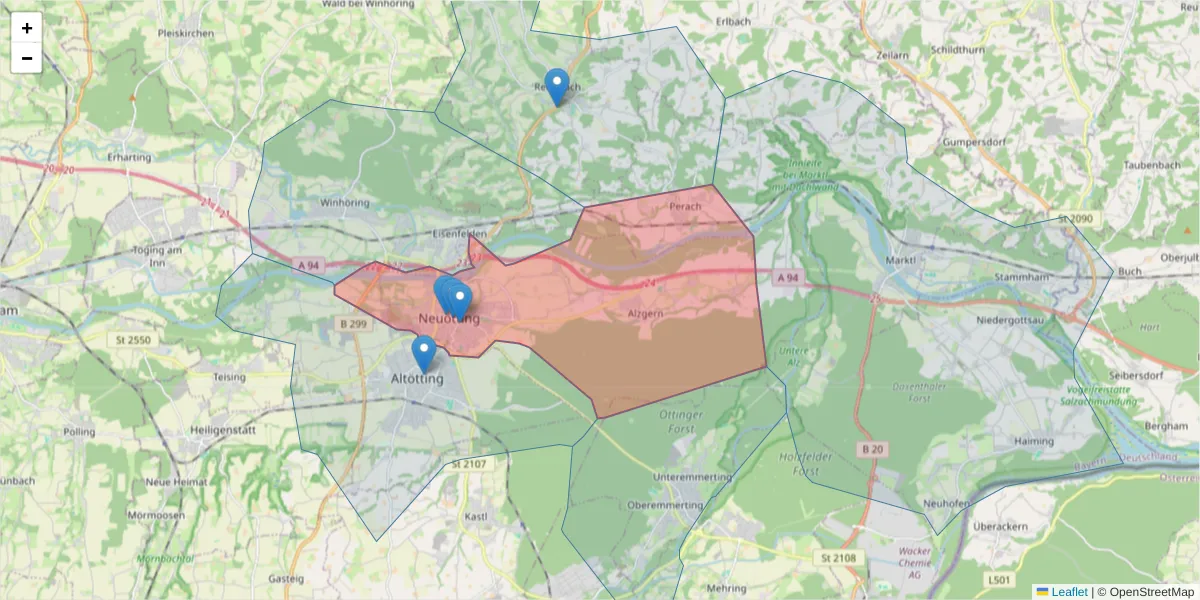 Karte des Postleitzahlen Bereichs  und der umliegenden Postleitzahlen in Deutschland