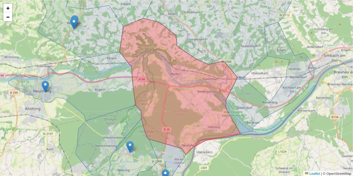 Karte des Postleitzahlen Bereichs  und der umliegenden Postleitzahlen in Deutschland