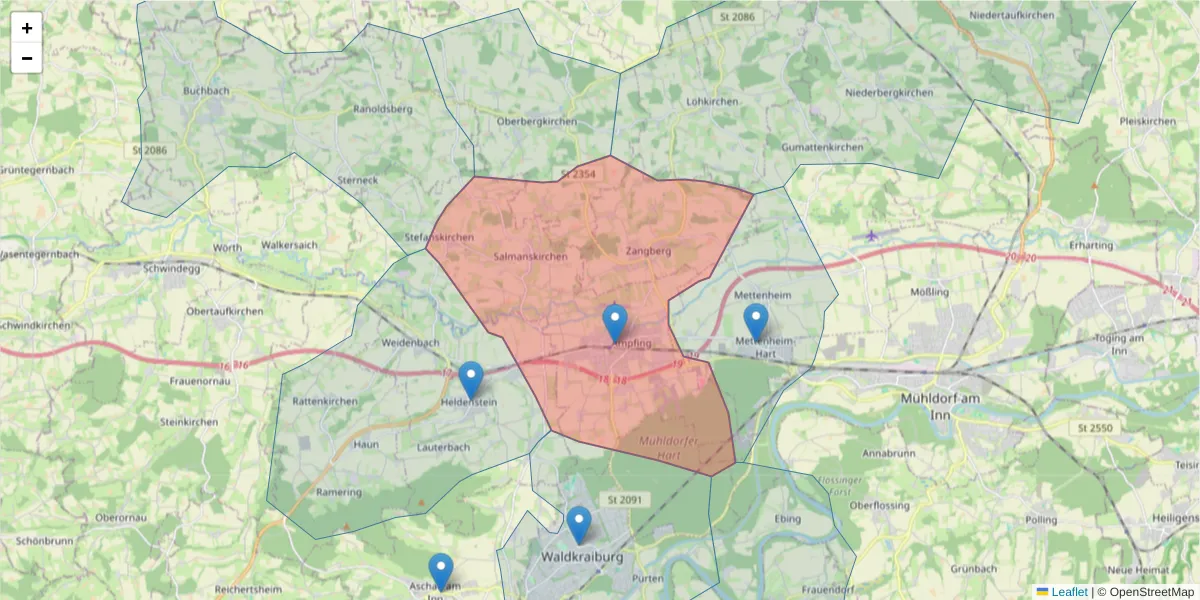 Karte des Postleitzahlen Bereichs  und der umliegenden Postleitzahlen in Deutschland