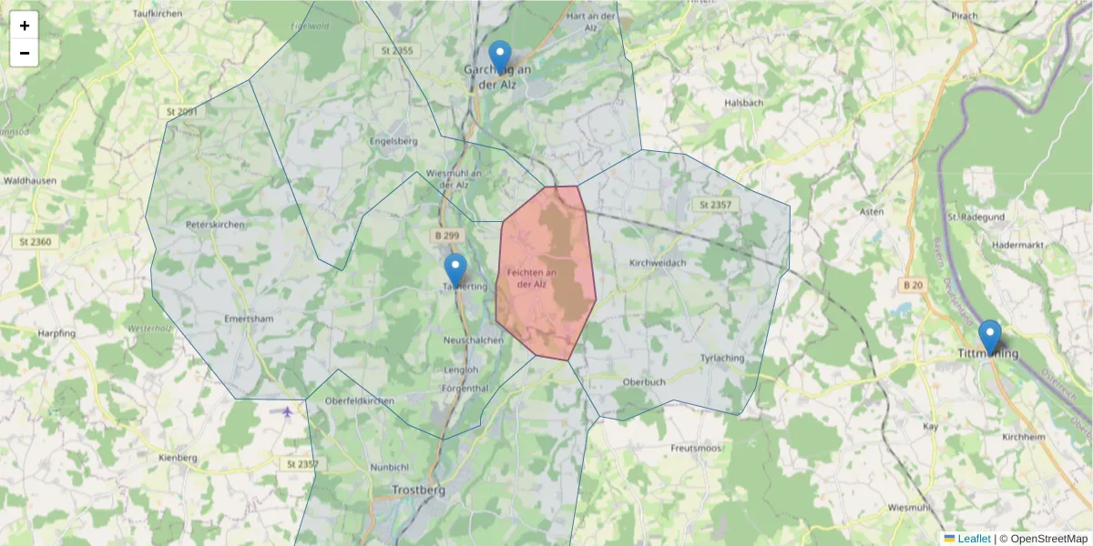 Karte des Postleitzahlen Bereichs  und der umliegenden Postleitzahlen in Deutschland