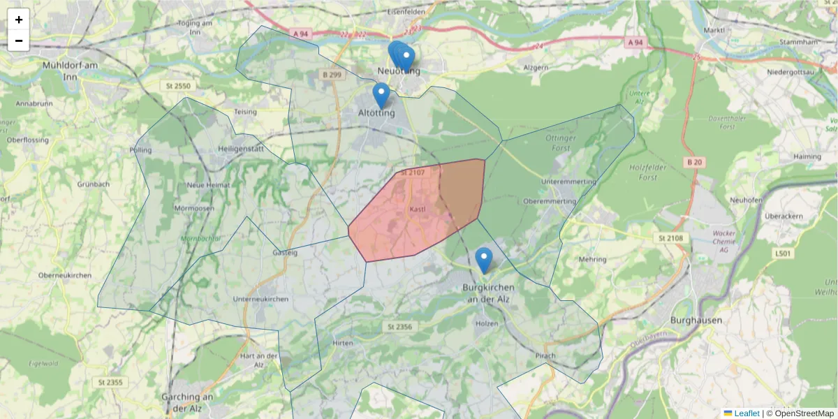 Karte des Postleitzahlen Bereichs  und der umliegenden Postleitzahlen in Deutschland