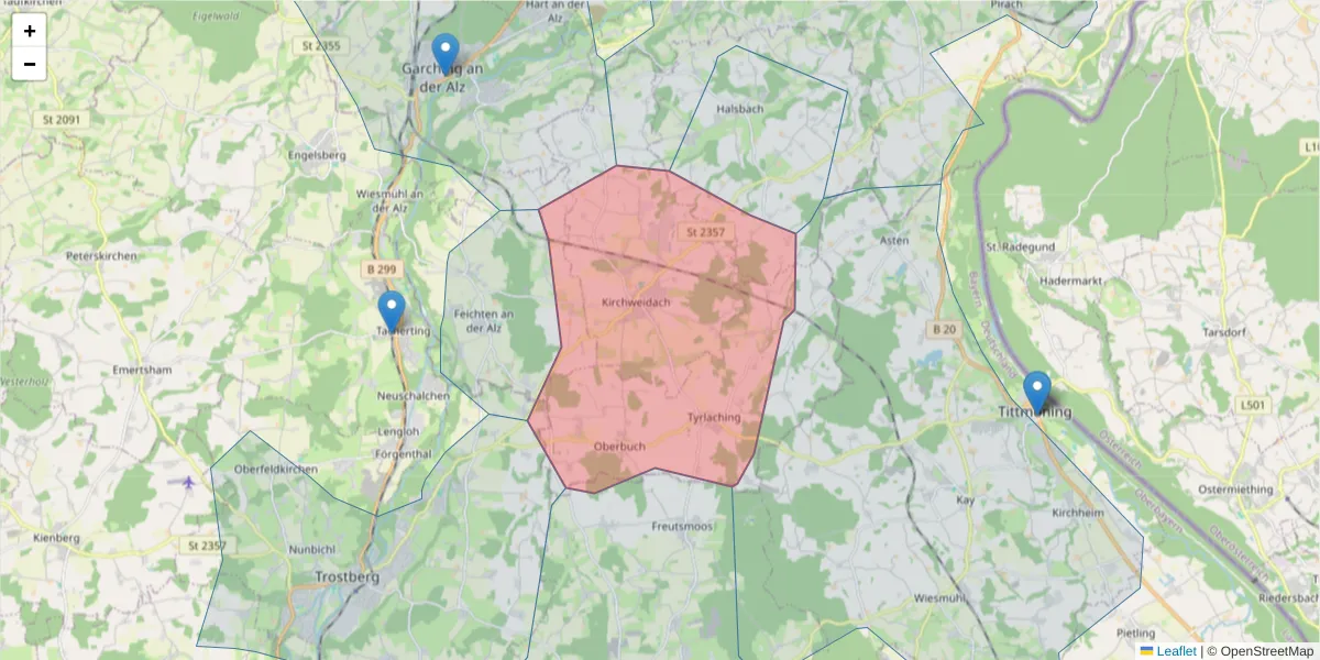 Karte des Postleitzahlen Bereichs  und der umliegenden Postleitzahlen in Deutschland