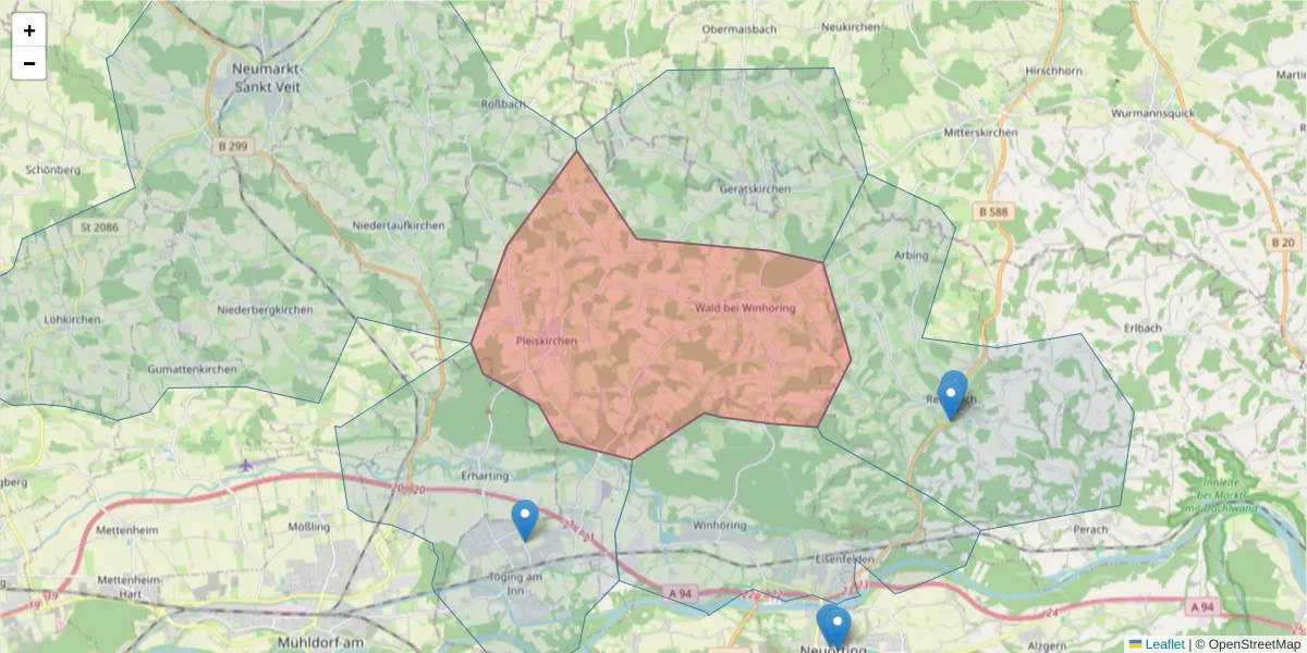 Karte des Postleitzahlen Bereichs  und der umliegenden Postleitzahlen in Deutschland