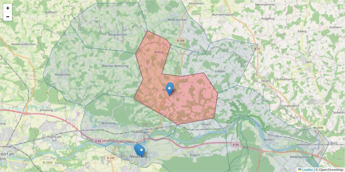 Karte des Postleitzahlen Bereichs  und der umliegenden Postleitzahlen in Deutschland