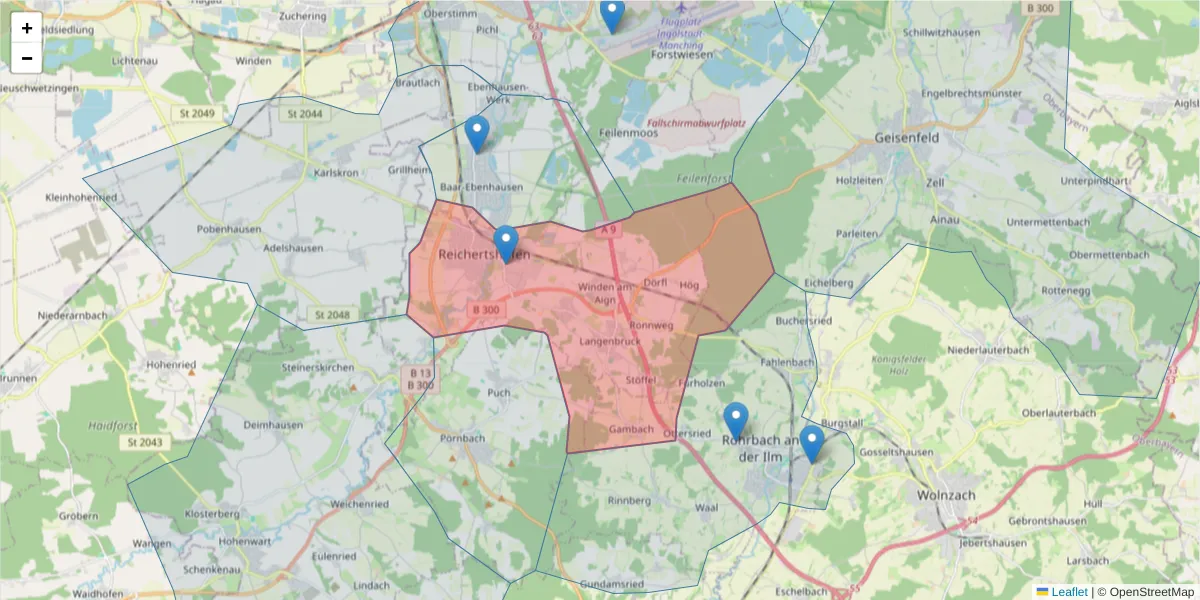 Karte des Postleitzahlen Bereichs  und der umliegenden Postleitzahlen in Deutschland