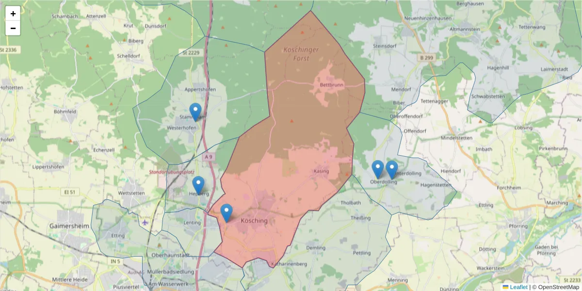 Karte des Postleitzahlen Bereichs  und der umliegenden Postleitzahlen in Deutschland