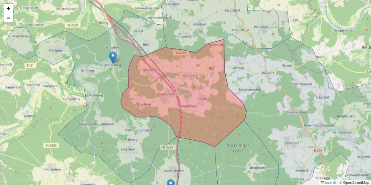 Karte des Postleitzahlen Bereichs  und der umliegenden Postleitzahlen in Deutschland