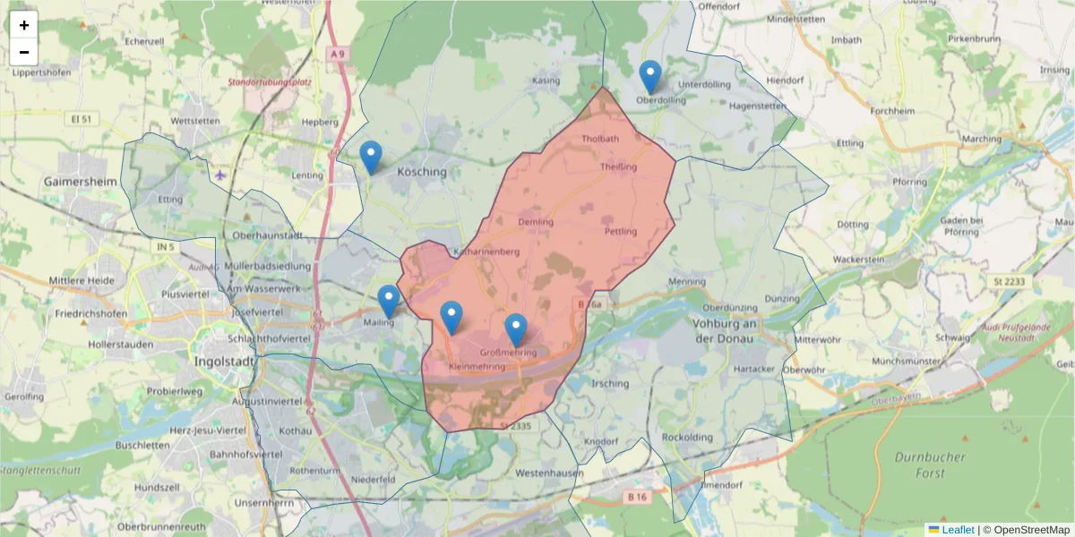 Karte des Postleitzahlen Bereichs  und der umliegenden Postleitzahlen in Deutschland