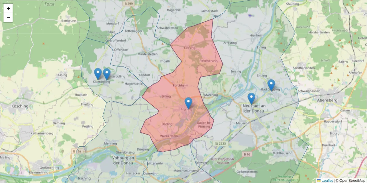 Karte des Postleitzahlen Bereichs  und der umliegenden Postleitzahlen in Deutschland