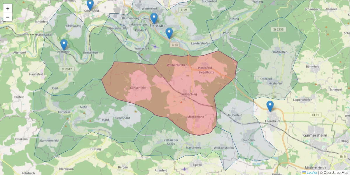 Karte des Postleitzahlen Bereichs  und der umliegenden Postleitzahlen in Deutschland