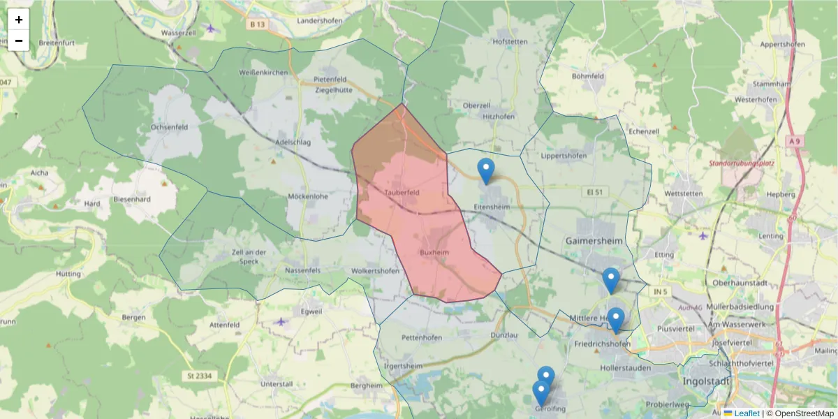 Karte des Postleitzahlen Bereichs  und der umliegenden Postleitzahlen in Deutschland