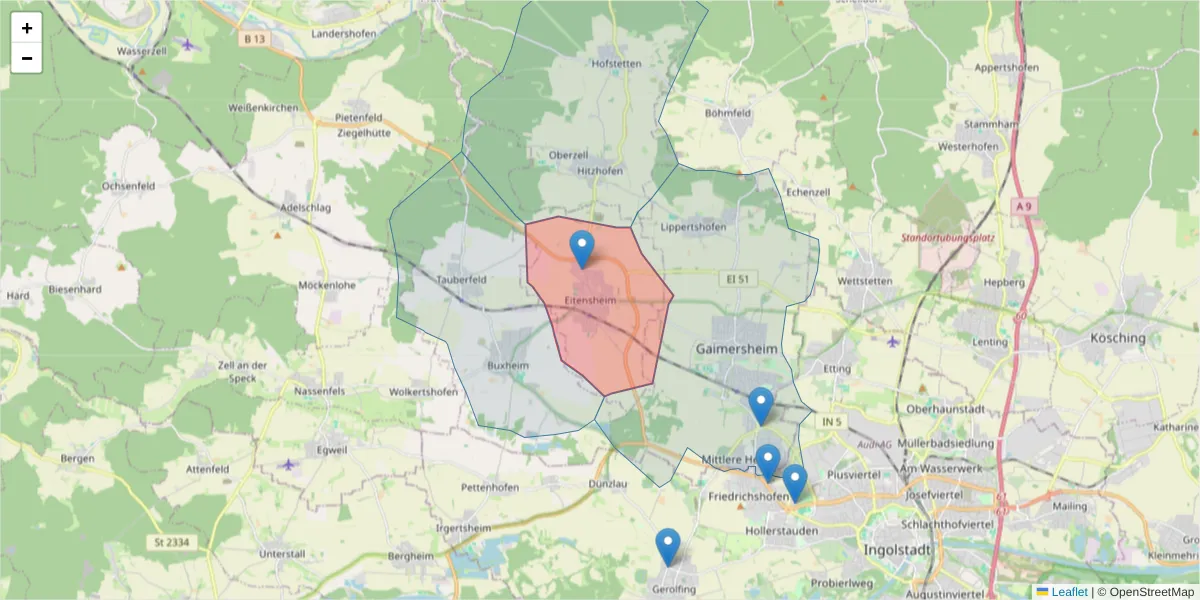 Karte des Postleitzahlen Bereichs  und der umliegenden Postleitzahlen in Deutschland