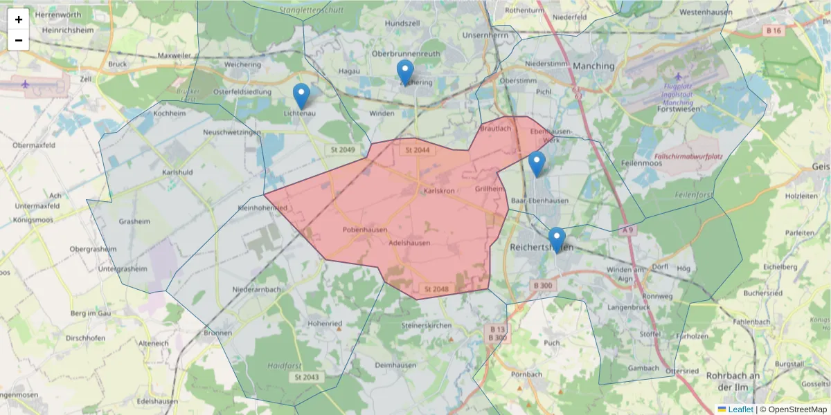 Karte des Postleitzahlen Bereichs  und der umliegenden Postleitzahlen in Deutschland