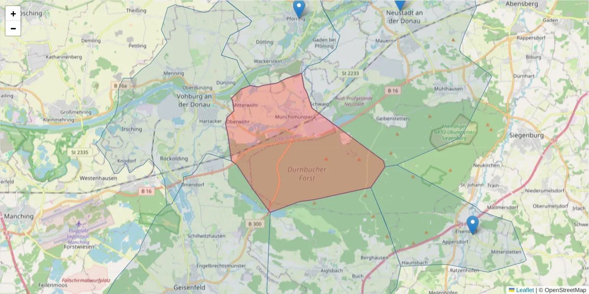 Karte des Postleitzahlen Bereichs  und der umliegenden Postleitzahlen in Deutschland