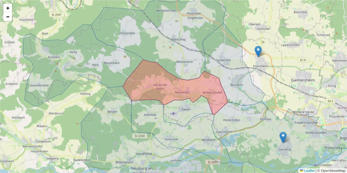 Karte des Postleitzahlen Bereichs  und der umliegenden Postleitzahlen in Deutschland