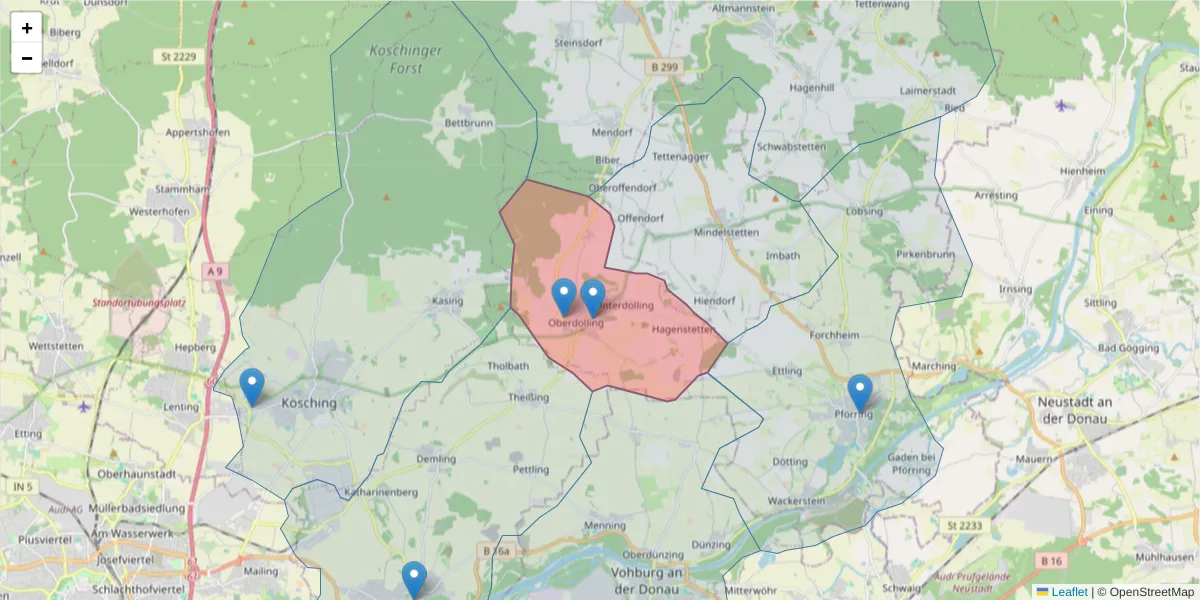 Karte des Postleitzahlen Bereichs  und der umliegenden Postleitzahlen in Deutschland