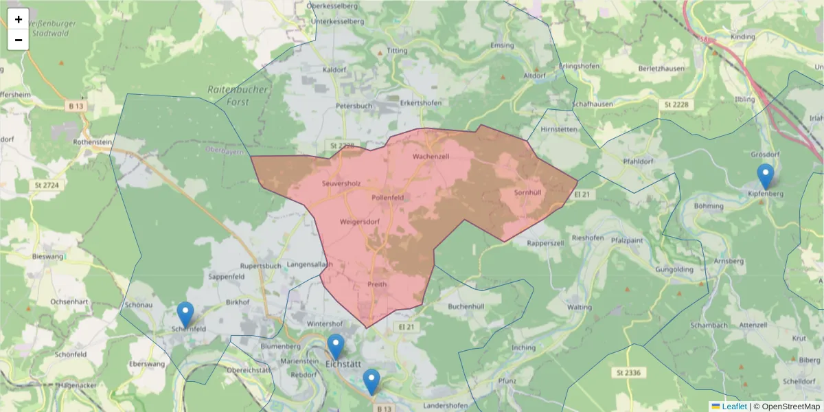 Karte des Postleitzahlen Bereichs  und der umliegenden Postleitzahlen in Deutschland