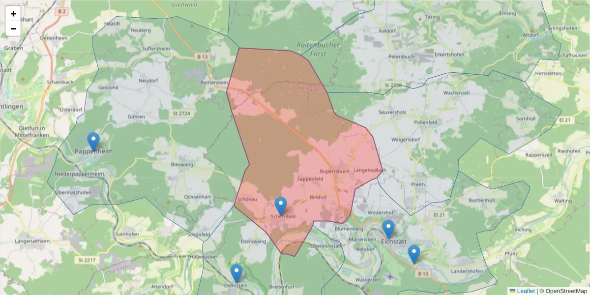 Karte des Postleitzahlen Bereichs  und der umliegenden Postleitzahlen in Deutschland