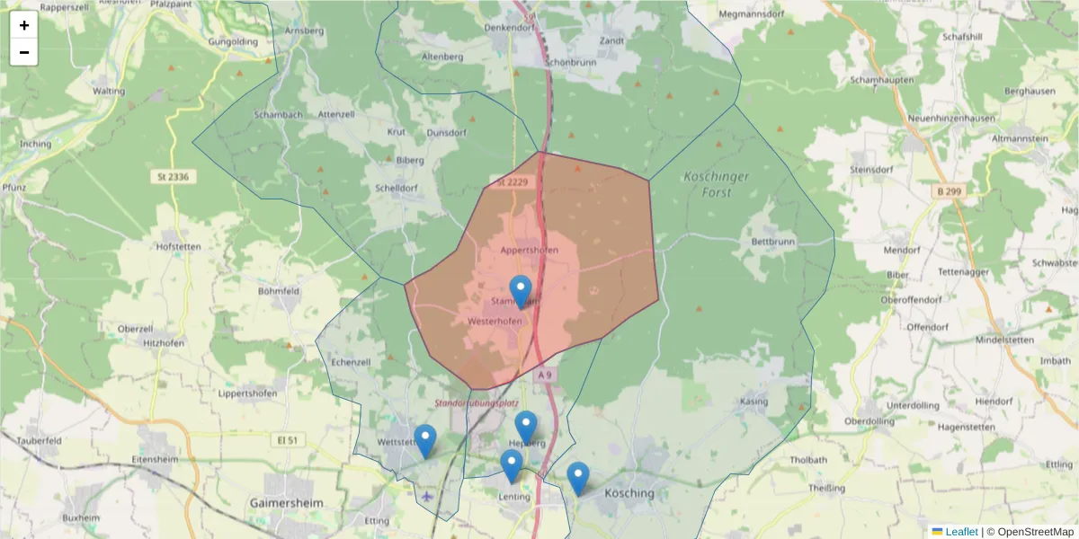Karte des Postleitzahlen Bereichs  und der umliegenden Postleitzahlen in Deutschland