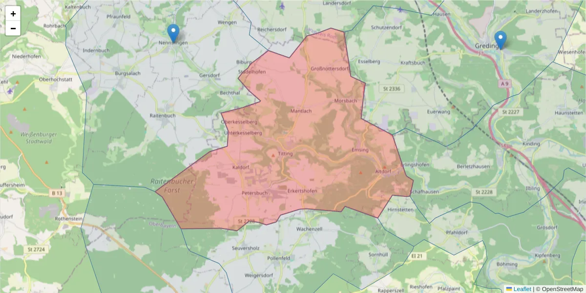 Karte des Postleitzahlen Bereichs  und der umliegenden Postleitzahlen in Deutschland