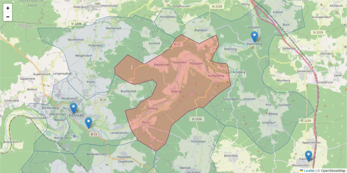 Karte des Postleitzahlen Bereichs  und der umliegenden Postleitzahlen in Deutschland
