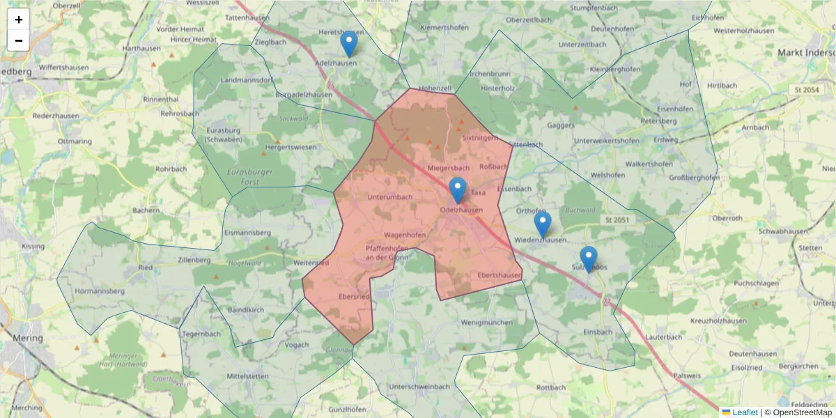 Karte des Postleitzahlen Bereichs  und der umliegenden Postleitzahlen in Deutschland