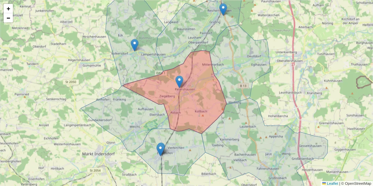 Karte des Postleitzahlen Bereichs  und der umliegenden Postleitzahlen in Deutschland