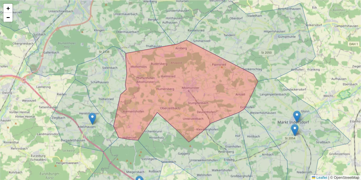 Karte des Postleitzahlen Bereichs  und der umliegenden Postleitzahlen in Deutschland