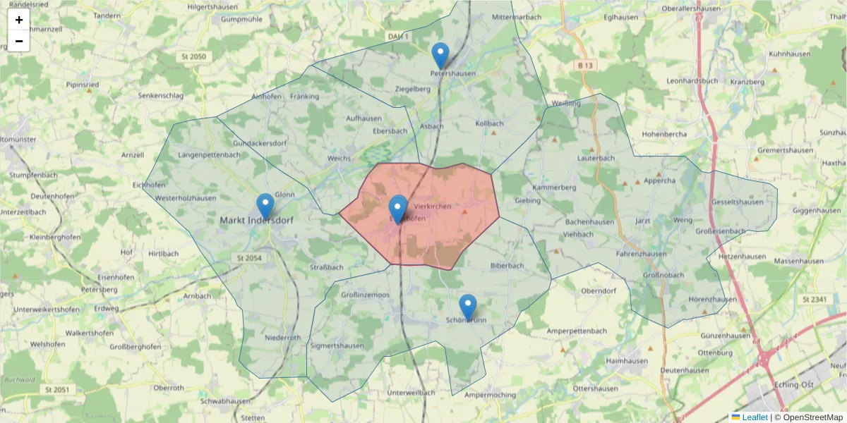 Karte des Postleitzahlen Bereichs  und der umliegenden Postleitzahlen in Deutschland