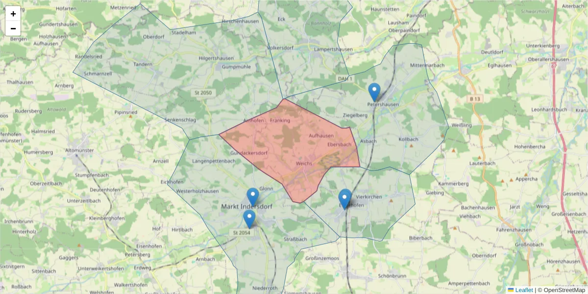 Karte des Postleitzahlen Bereichs  und der umliegenden Postleitzahlen in Deutschland