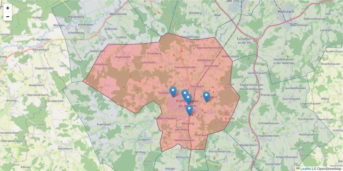 Karte des Postleitzahlen Bereichs  und der umliegenden Postleitzahlen in Deutschland