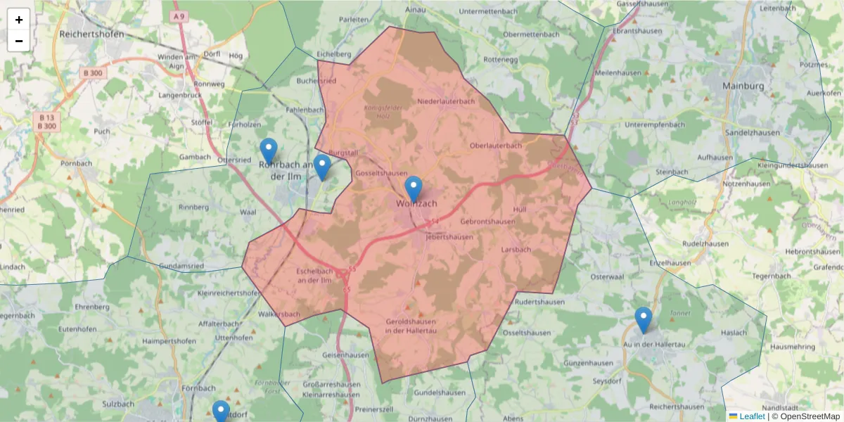 Karte des Postleitzahlen Bereichs  und der umliegenden Postleitzahlen in Deutschland