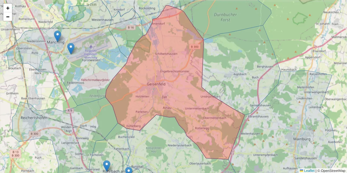 Karte des Postleitzahlen Bereichs  und der umliegenden Postleitzahlen in Deutschland