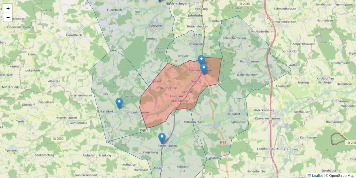 Karte des Postleitzahlen Bereichs  und der umliegenden Postleitzahlen in Deutschland