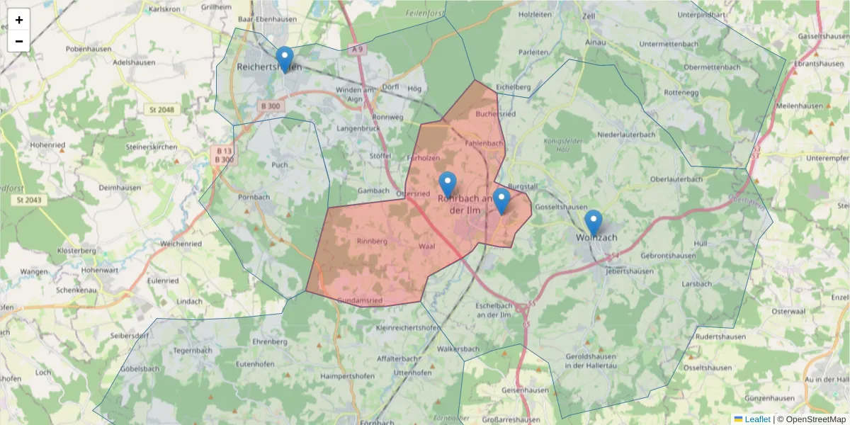 Karte des Postleitzahlen Bereichs  und der umliegenden Postleitzahlen in Deutschland
