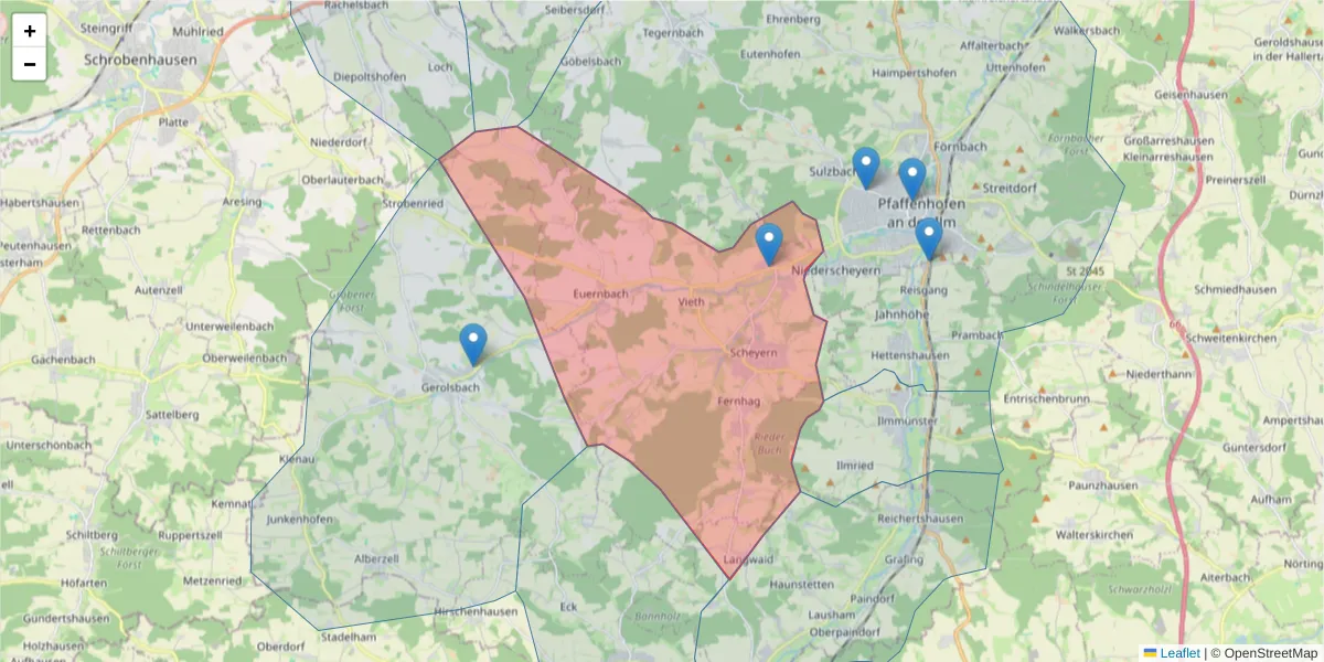 Karte des Postleitzahlen Bereichs  und der umliegenden Postleitzahlen in Deutschland