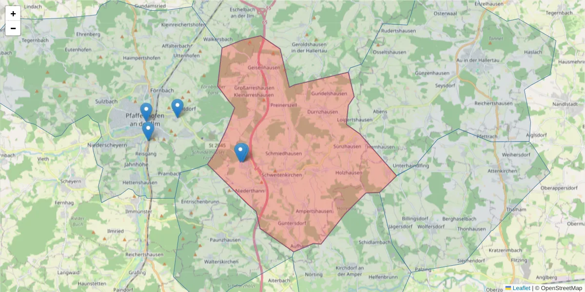 Karte des Postleitzahlen Bereichs  und der umliegenden Postleitzahlen in Deutschland