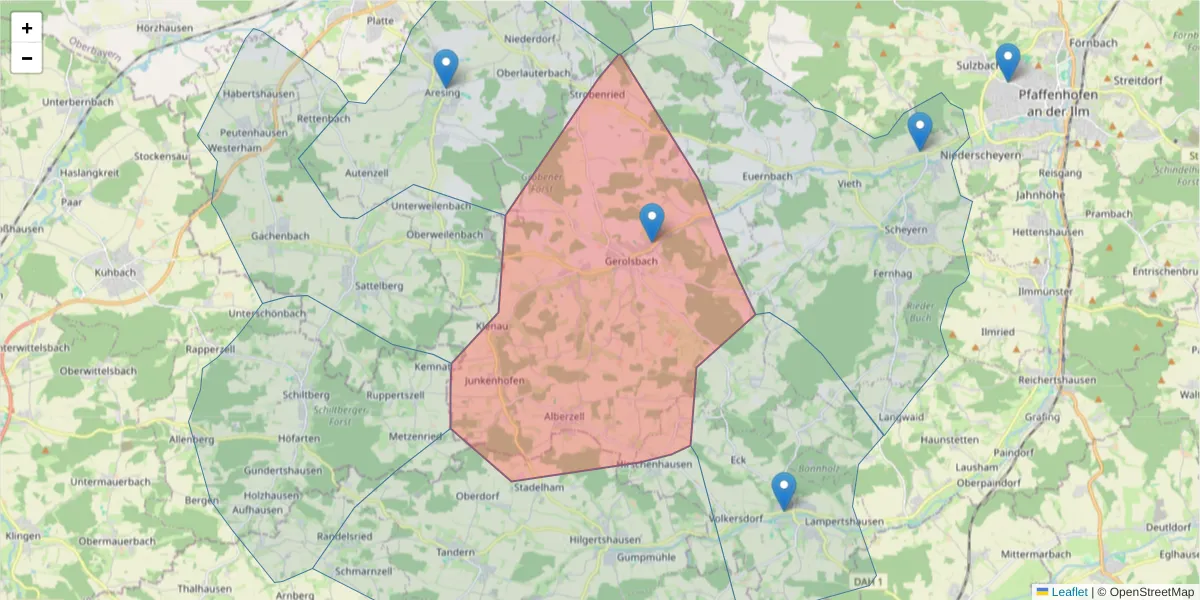 Karte des Postleitzahlen Bereichs  und der umliegenden Postleitzahlen in Deutschland