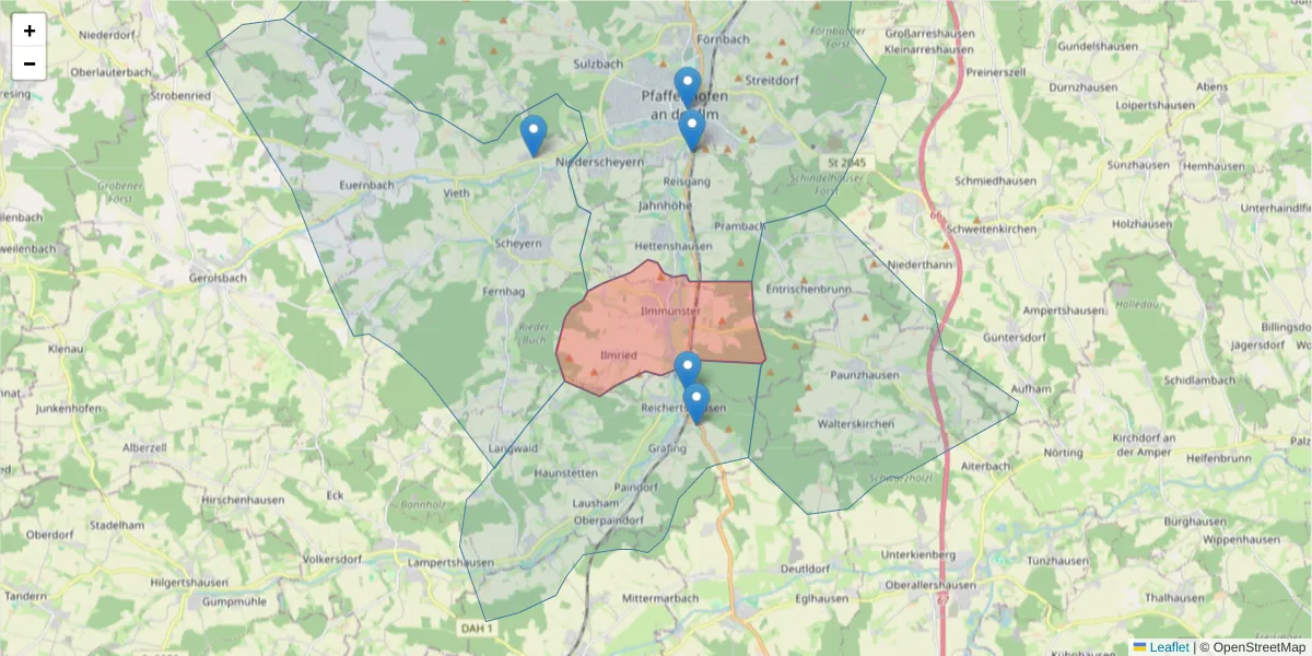 Karte des Postleitzahlen Bereichs  und der umliegenden Postleitzahlen in Deutschland