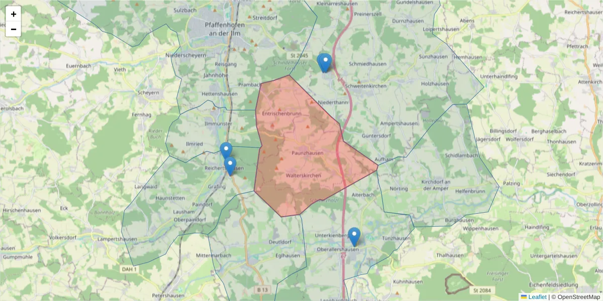 Karte des Postleitzahlen Bereichs  und der umliegenden Postleitzahlen in Deutschland