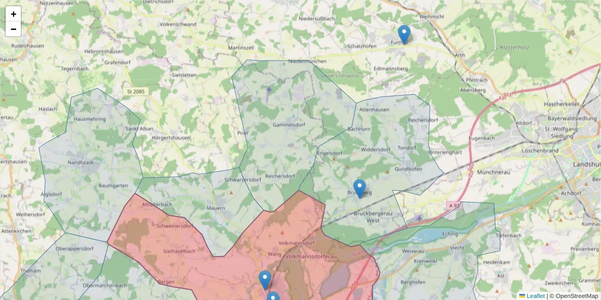Karte des Postleitzahlen Bereichs  und der umliegenden Postleitzahlen in Deutschland