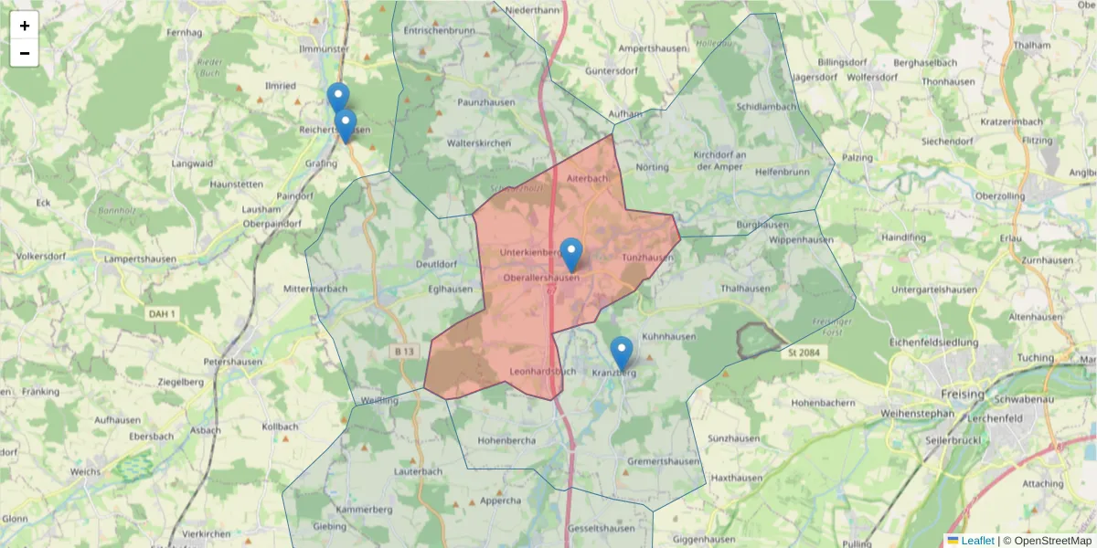 Karte des Postleitzahlen Bereichs  und der umliegenden Postleitzahlen in Deutschland