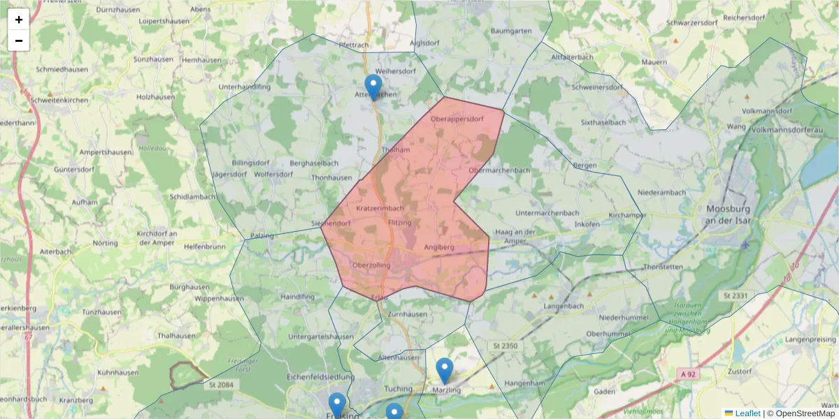 Karte des Postleitzahlen Bereichs  und der umliegenden Postleitzahlen in Deutschland